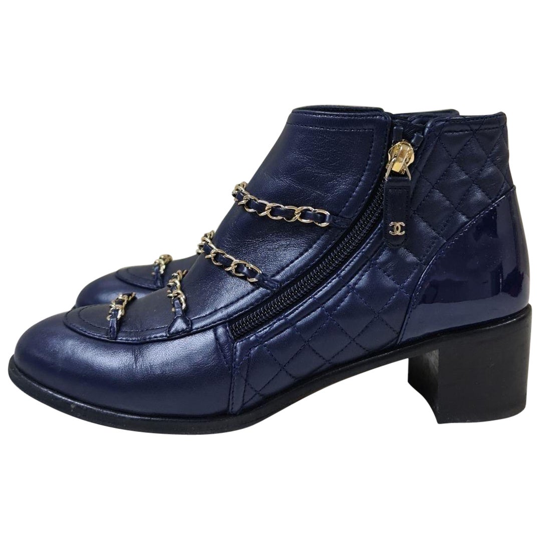 Chanel Navy Iridescent Leather Chain Ankle Boots