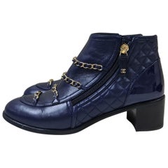 Chanel Navy Iridescent Leather Chain Ankle Boots