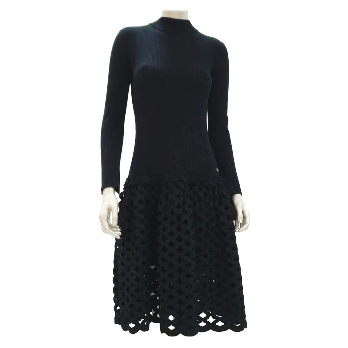 Chanel Black Long Sleeve Perforated Midi Dress For Sale