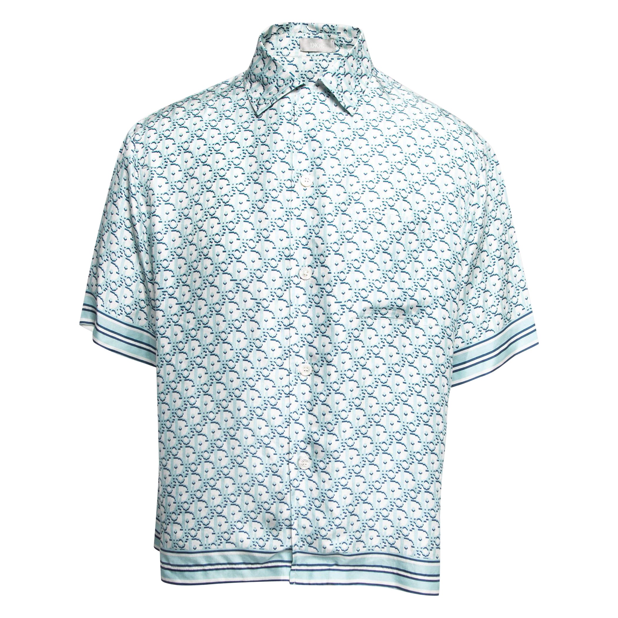 Dior Blue Oblique Silk Button Front Hawaiian Shirt XXL
