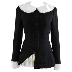 Chanel 08A Black Wool Jacket with White Silk Collar, Cuffs, Bustle 