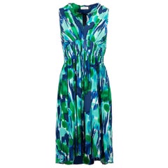 Blue & Green Abstract Watercolour Print Sleeveless Knee Length Dress Size XL