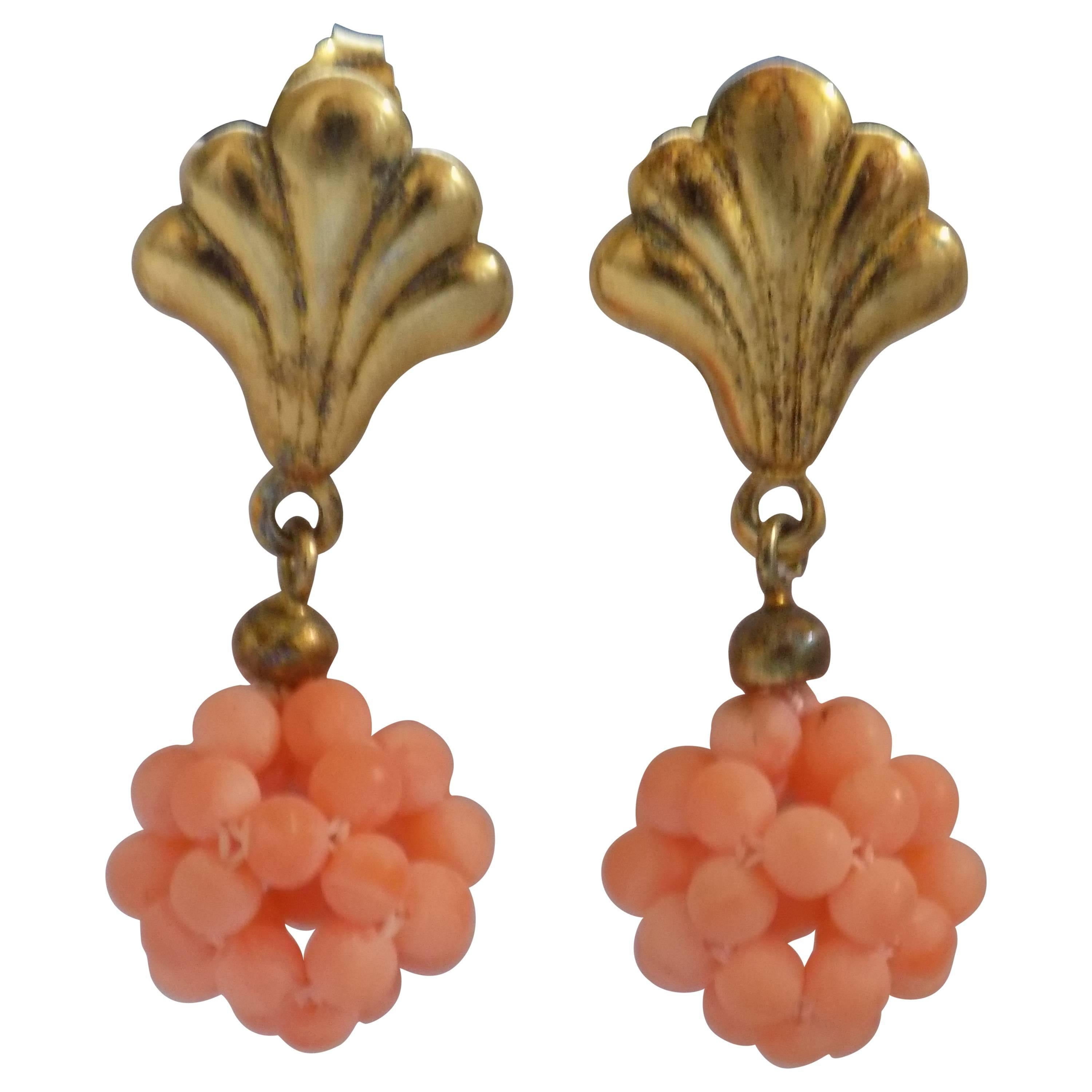 Silver Pink Coral Pendant Earrings