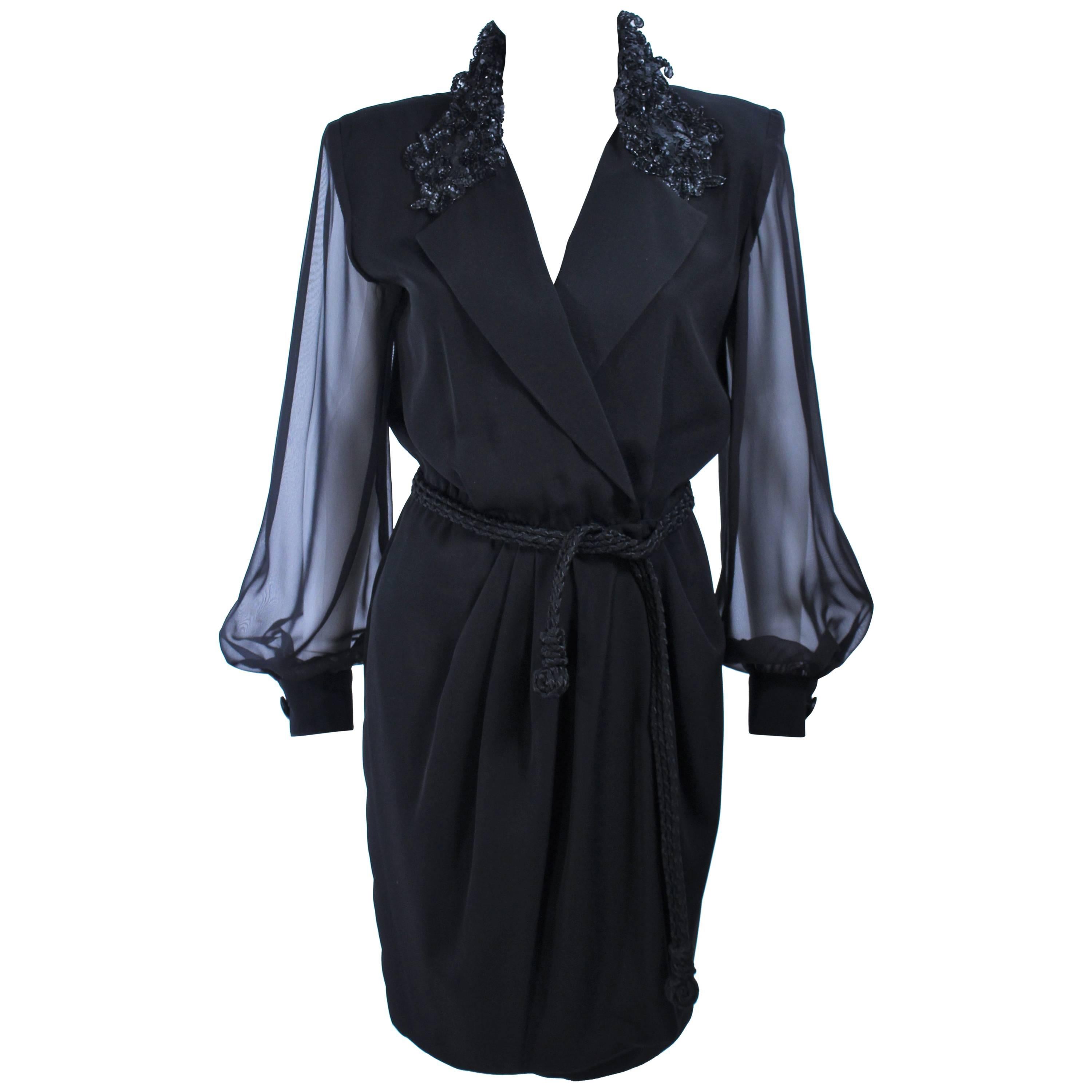 LIAN CARLO Black Sequin Chiffon Sheer Sleeve Cocktail Dress Size 8 For Sale