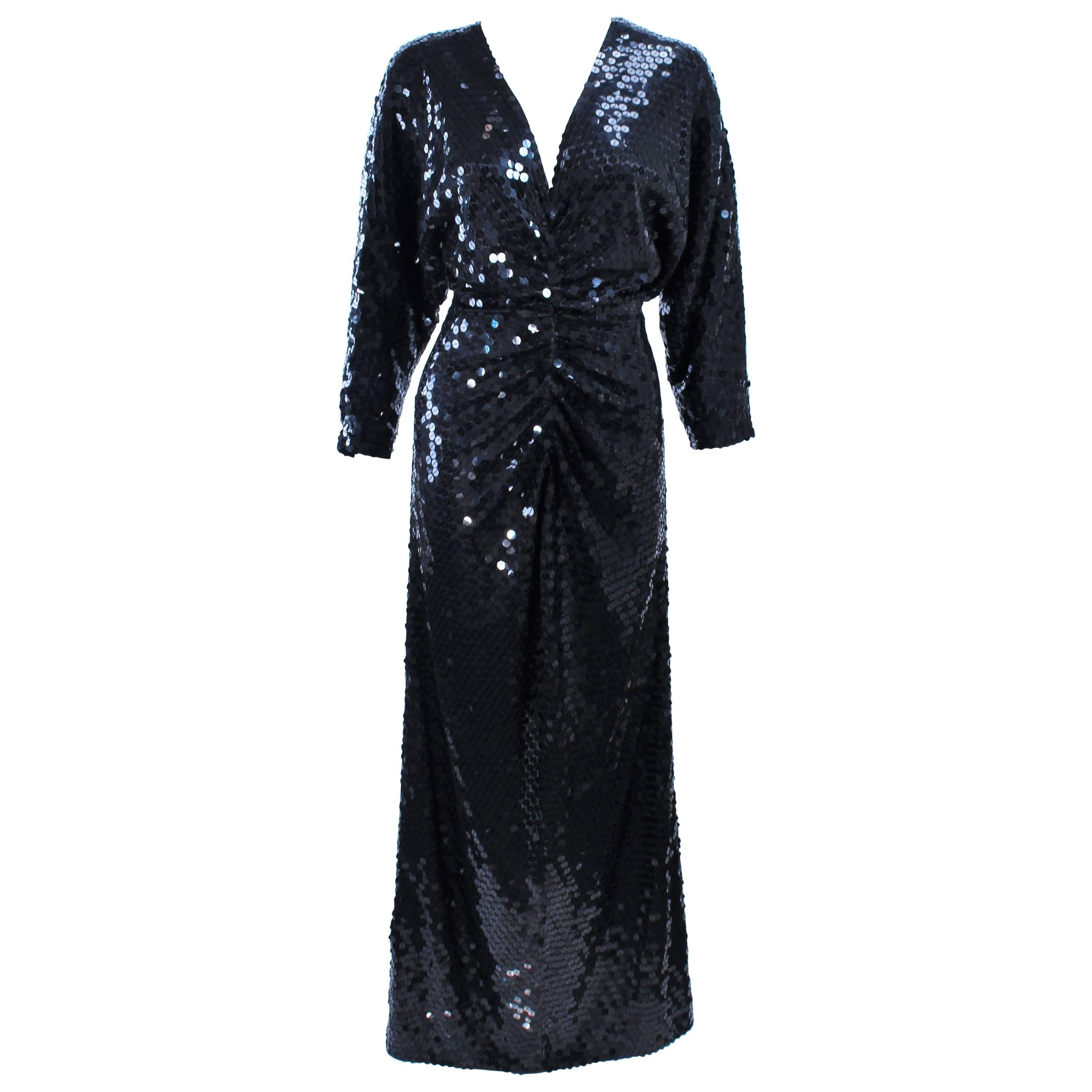 OLEG CASSINI Black Sequin Draped Gown with Dolman Sleeve Size 10 For Sale