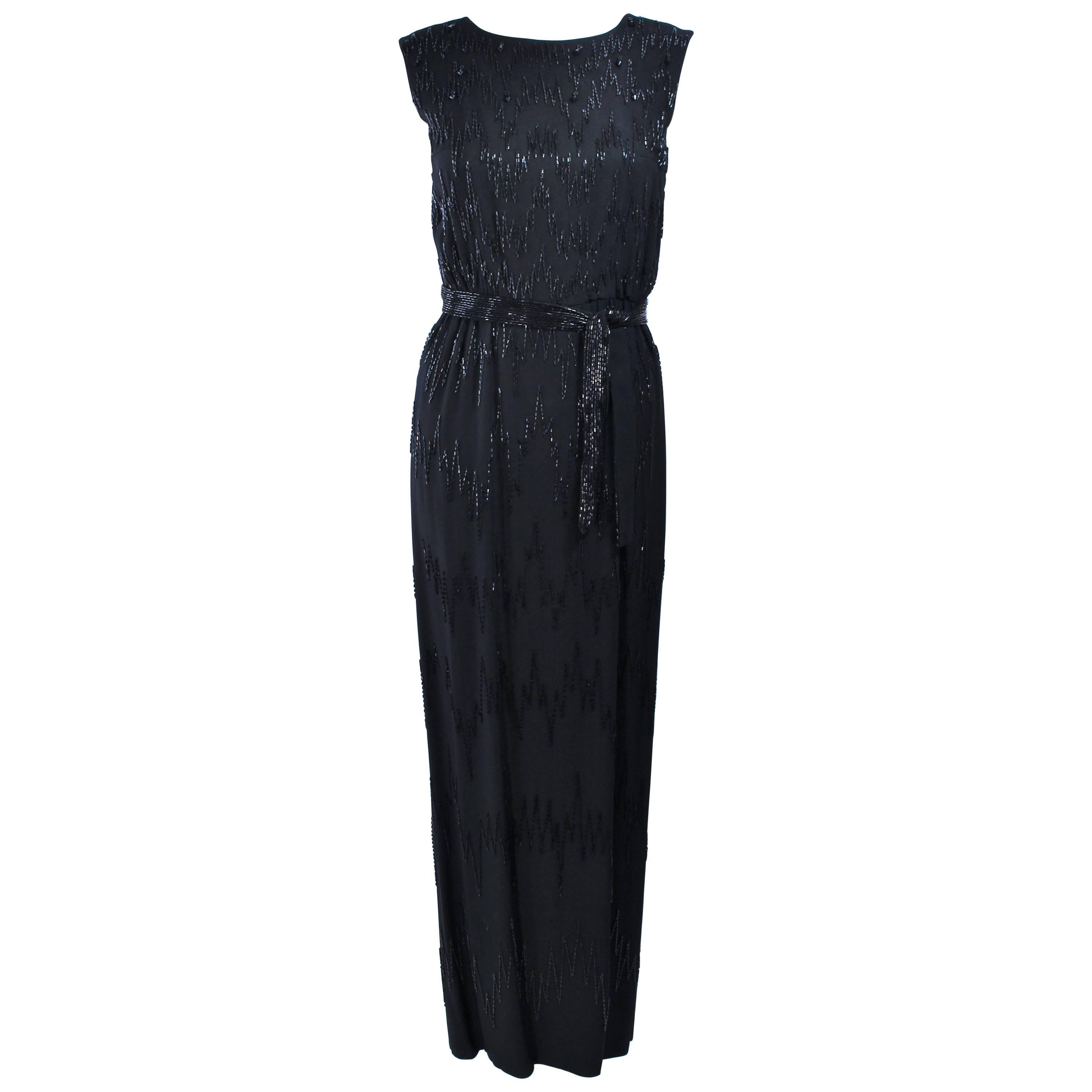 Vintage 1950's Hand beaded Gown with Belt Size 2 4 For Sale at 1stDibs