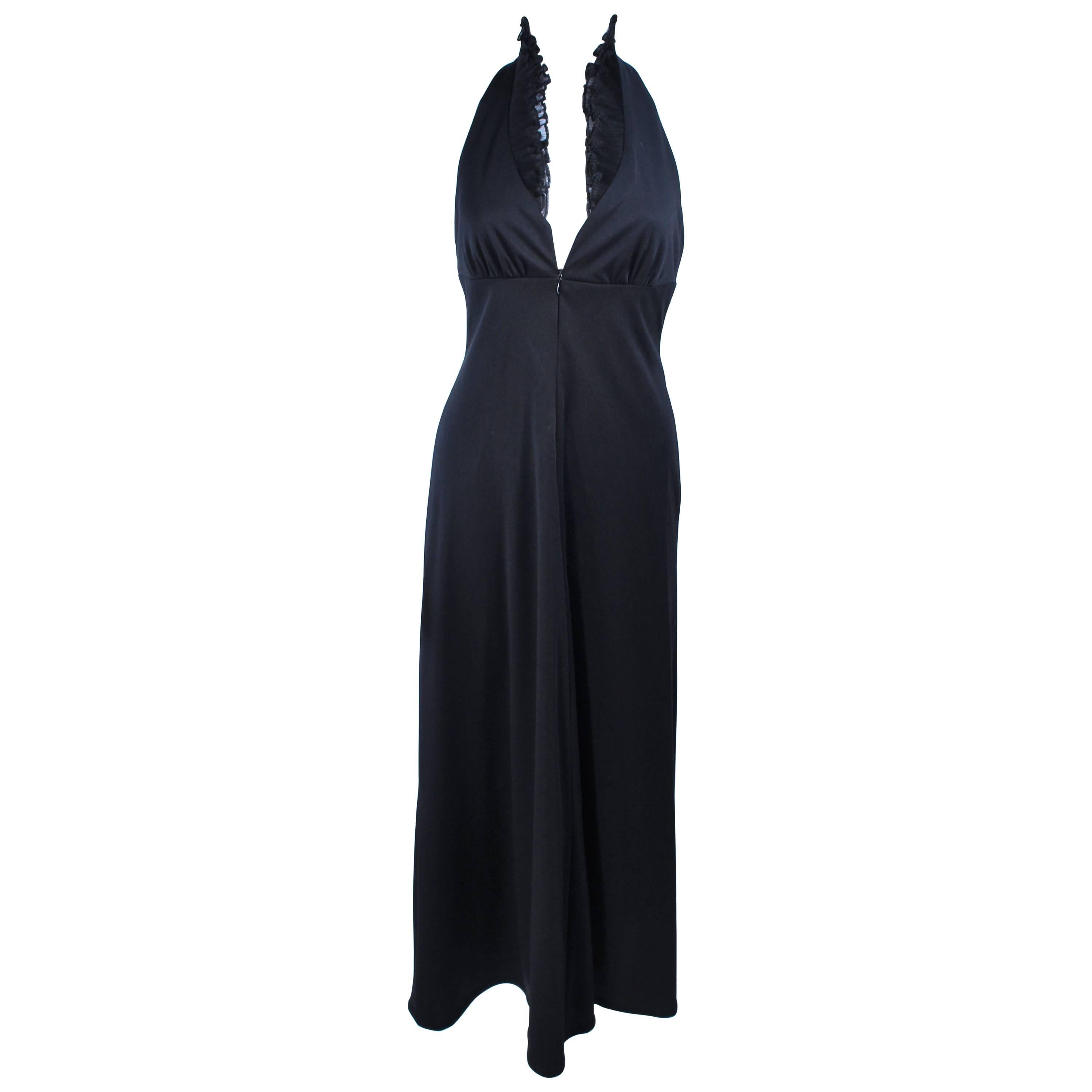 Vintage 1970's Black Jersey Halter Dress with Ruffled Collar Size 6  For Sale