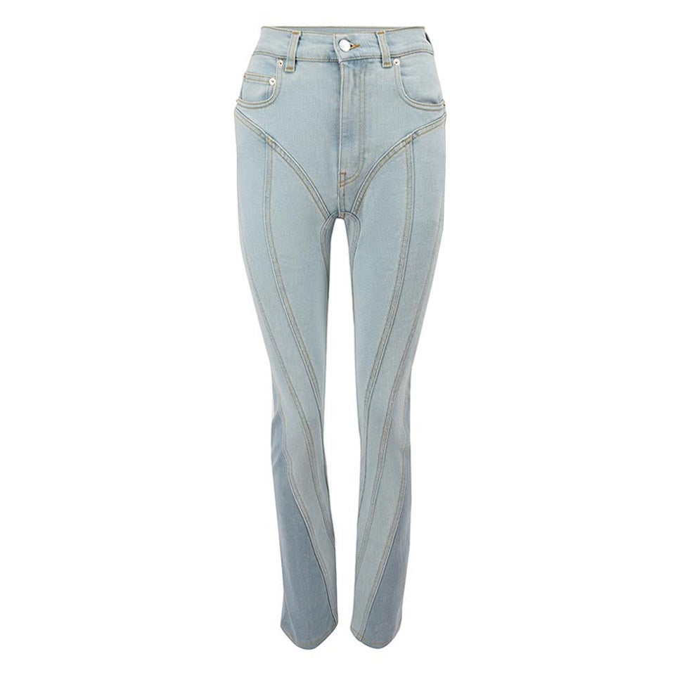 Mugler Light Blue Denim Spiral Panelled High Rise Jeans Size S