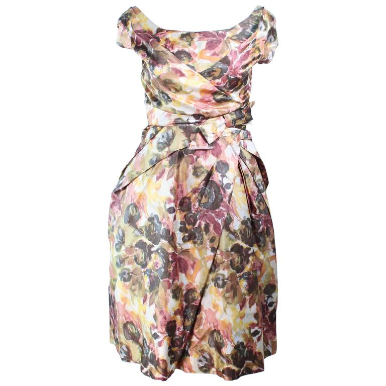 Vintage 1950's Earth Tone Cocktail Dress with Watercolor Floral Pattern ...