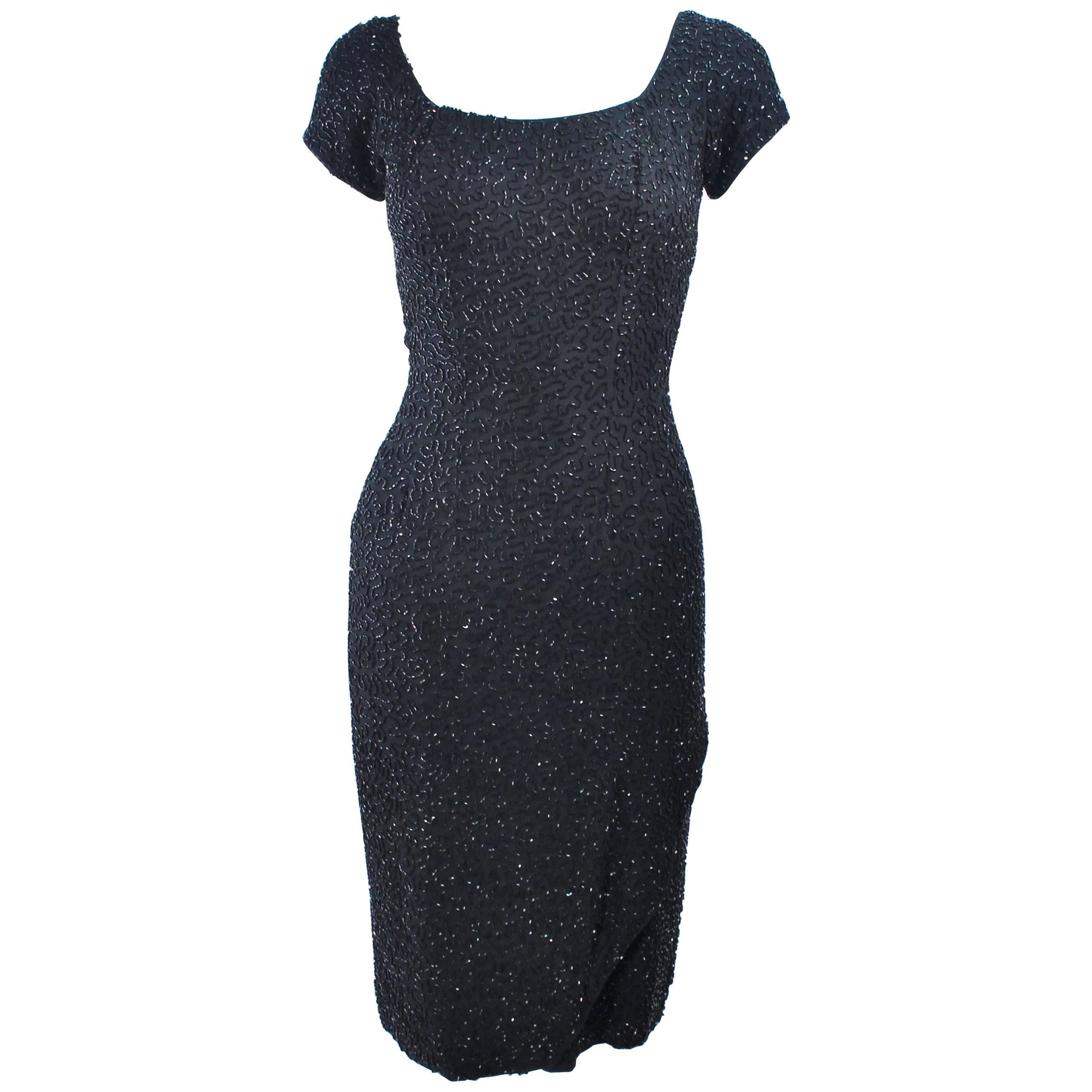 CEIL CHAPMAN 1960's Black Hand Beaded Silk Cocktail Dress with Drape Size 4  For Sale