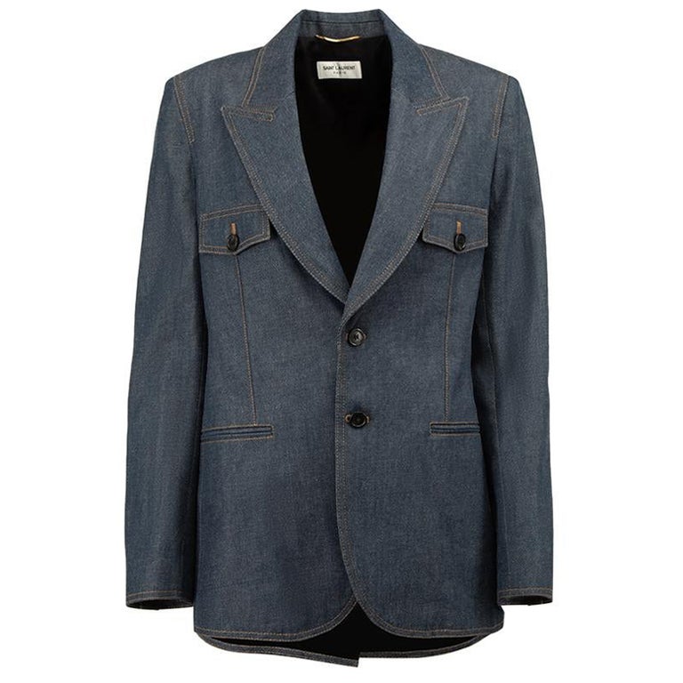 new LOUIS VUITTON leather LV buttons blue cotton double breasted blazer  FR44 XS For Sale at 1stDibs