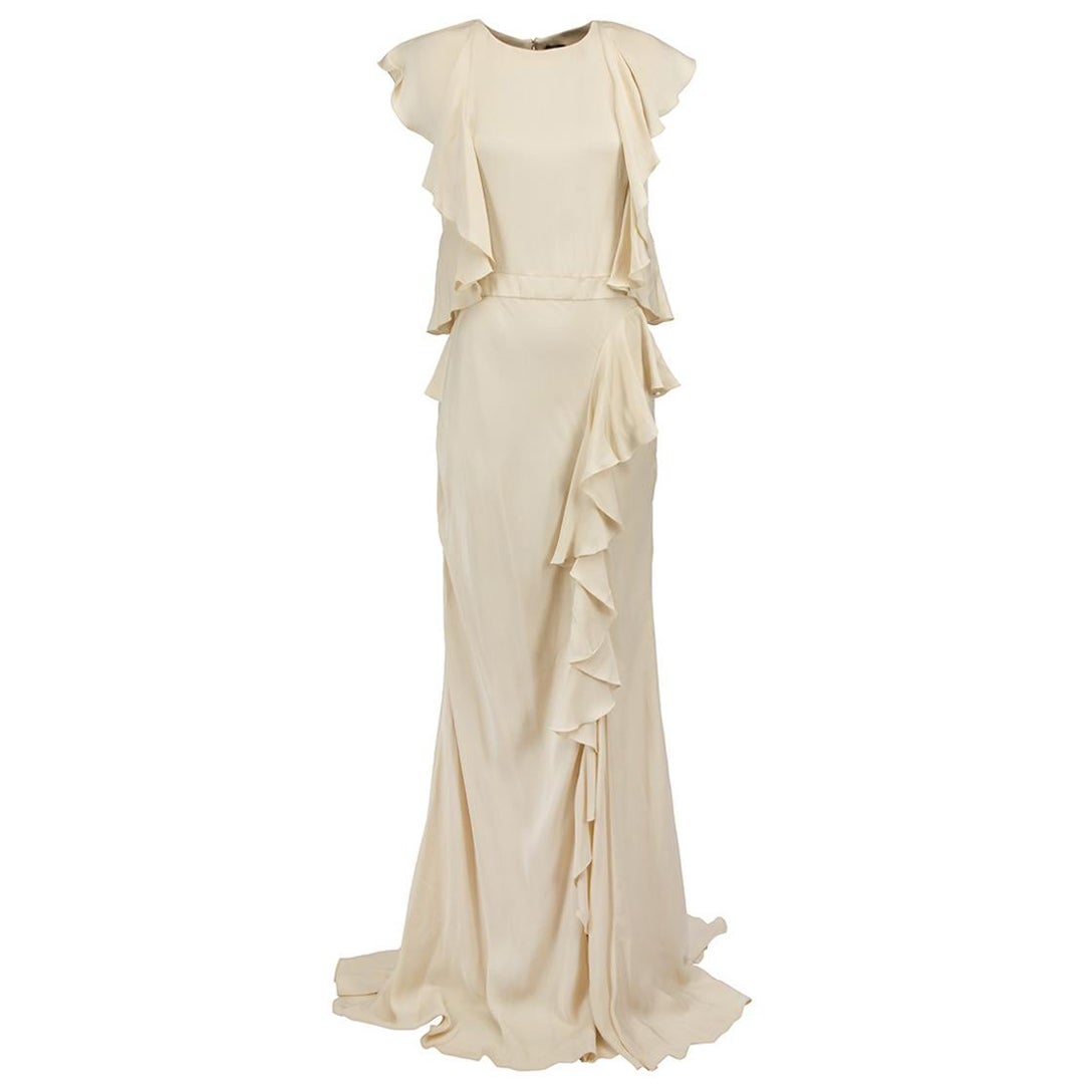 Alexander McQueen Cream Asymmetric Ruffle Accent Slit Evening Gown Size L