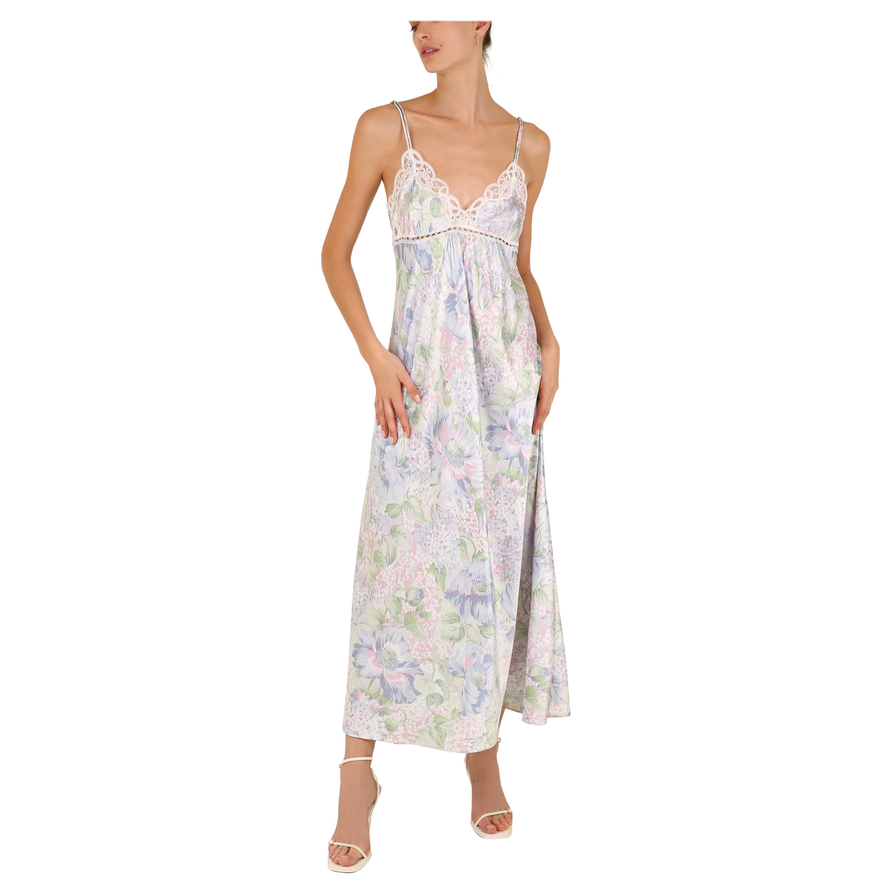 Christian Dior vintage silky lilac floral print lace night gown slip maxi dress For Sale
