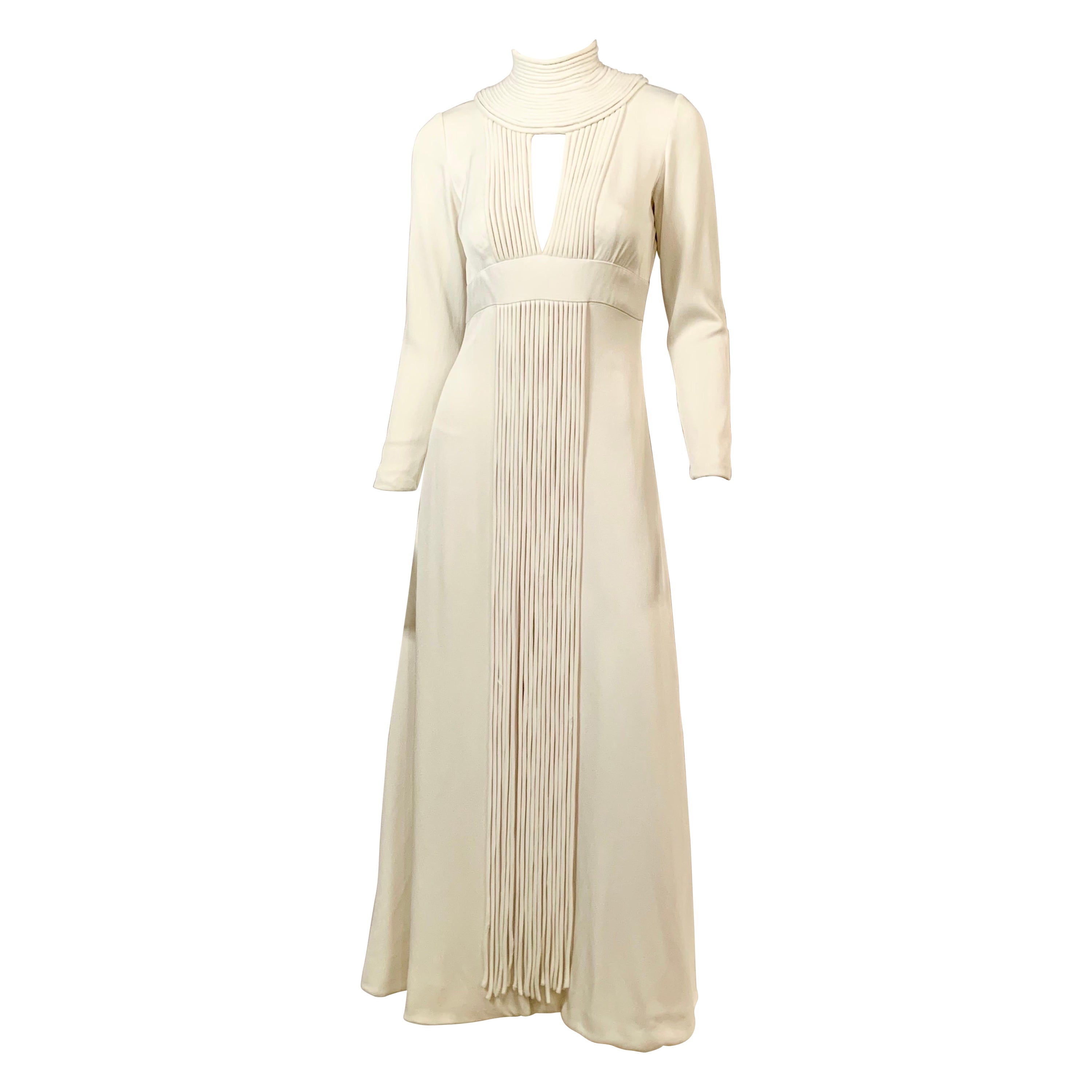 1970's Travilla White Silk Crepe Gown with Unusual Cord Decoration  For Sale