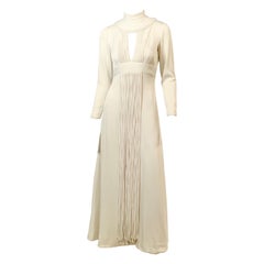 Vintage 1970's Travilla White Silk Crepe Gown with Unusual Cord Decoration 