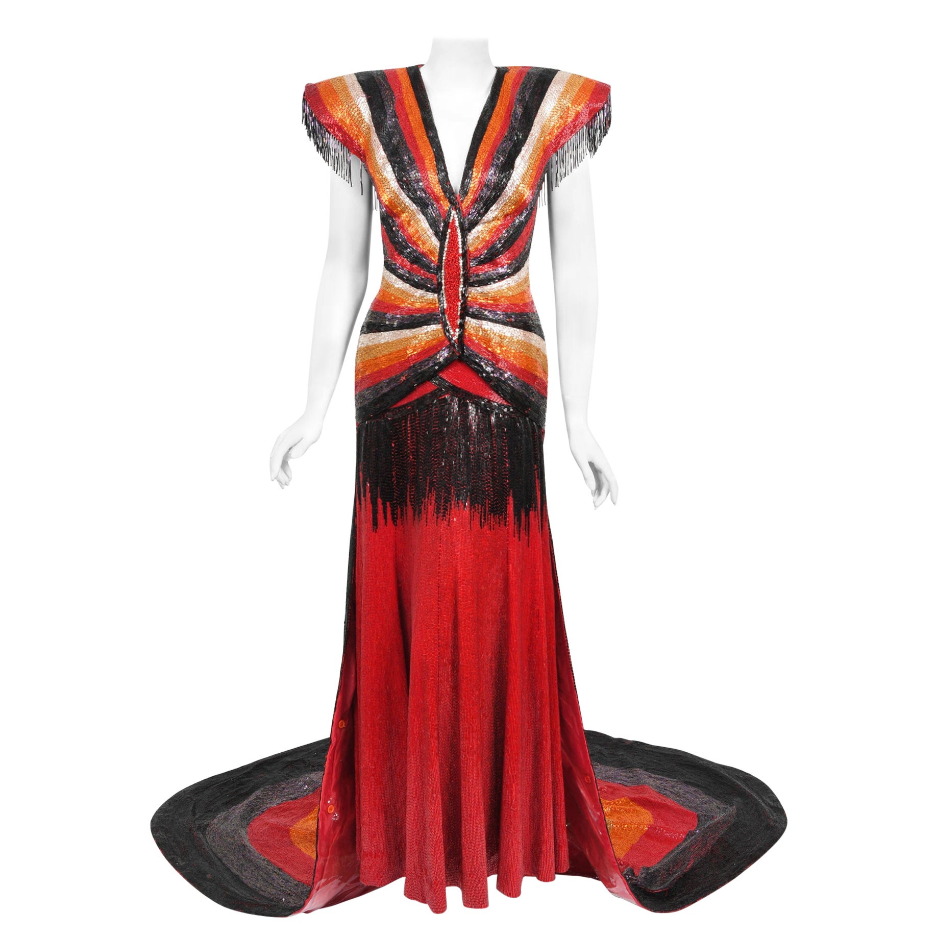 Ikonisches 1970er Jahre Museum Qualität Voll Perlen Couture Rückenfrei Schrägschnitt Geschliffenes Kleid  im Angebot