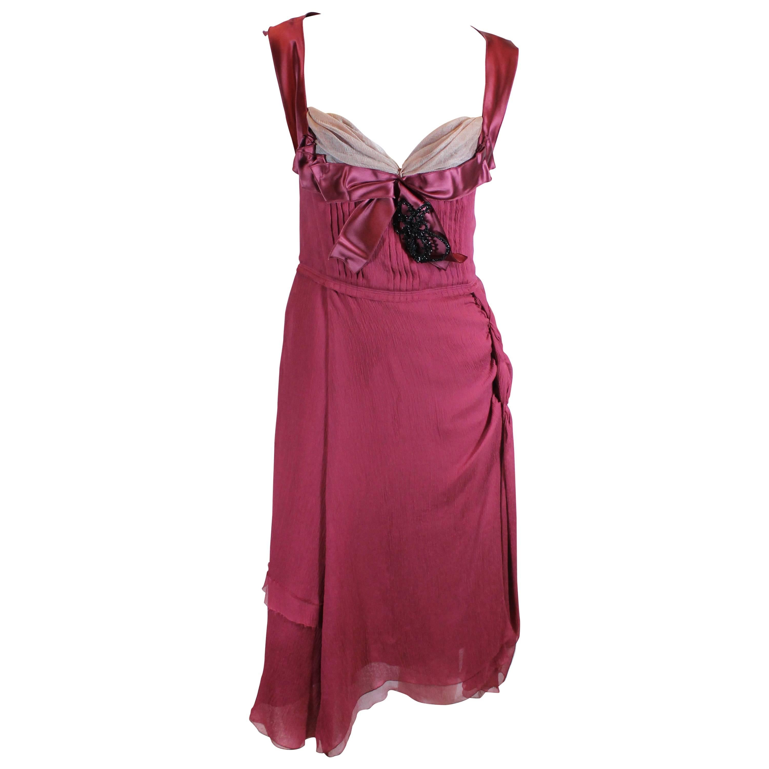 Prada Burgundy Silk Ribbon Front Dress 