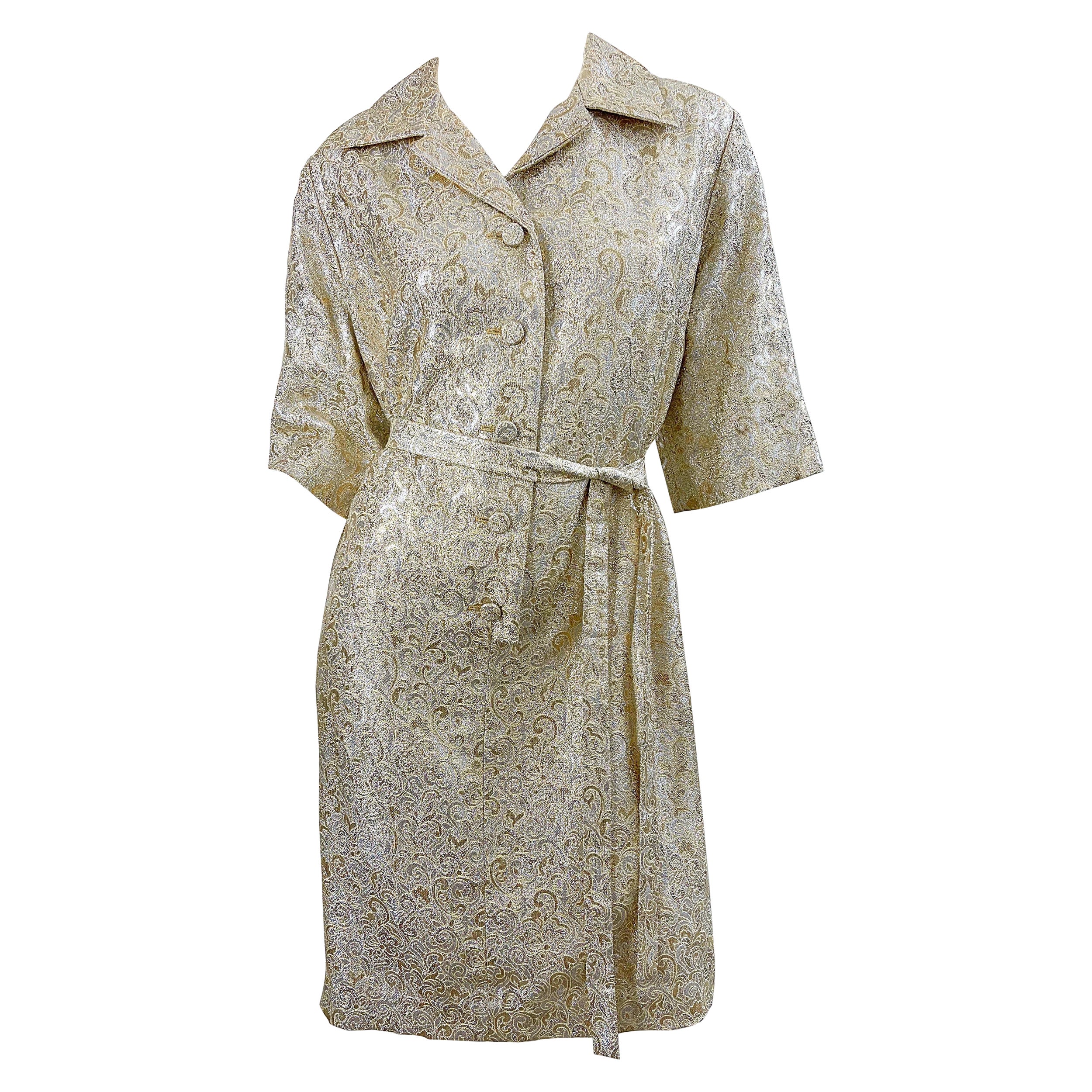 1960s Large Plus Size Gold Silver Silk Brocade Vintage 60s Belted Shirt Dress For Sale