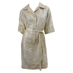 1960s Large Plus Size Gold Silver Silk Brocade Vintage 60s Belted Shirt Dress