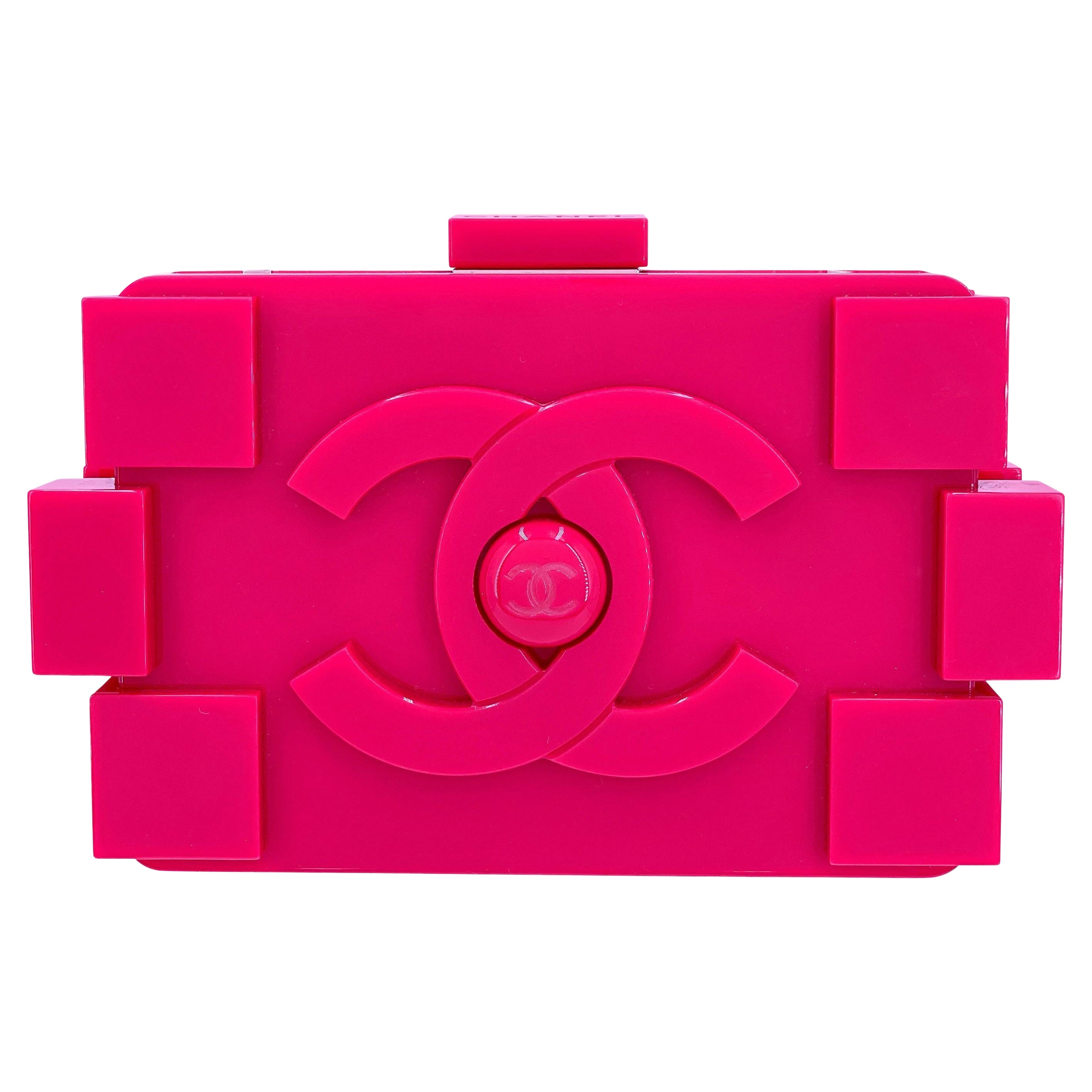 Chanel 2014 Pink Lego Brick Minaudière Plexiglass Clutch Shoulder Bag RHW 67522 For Sale