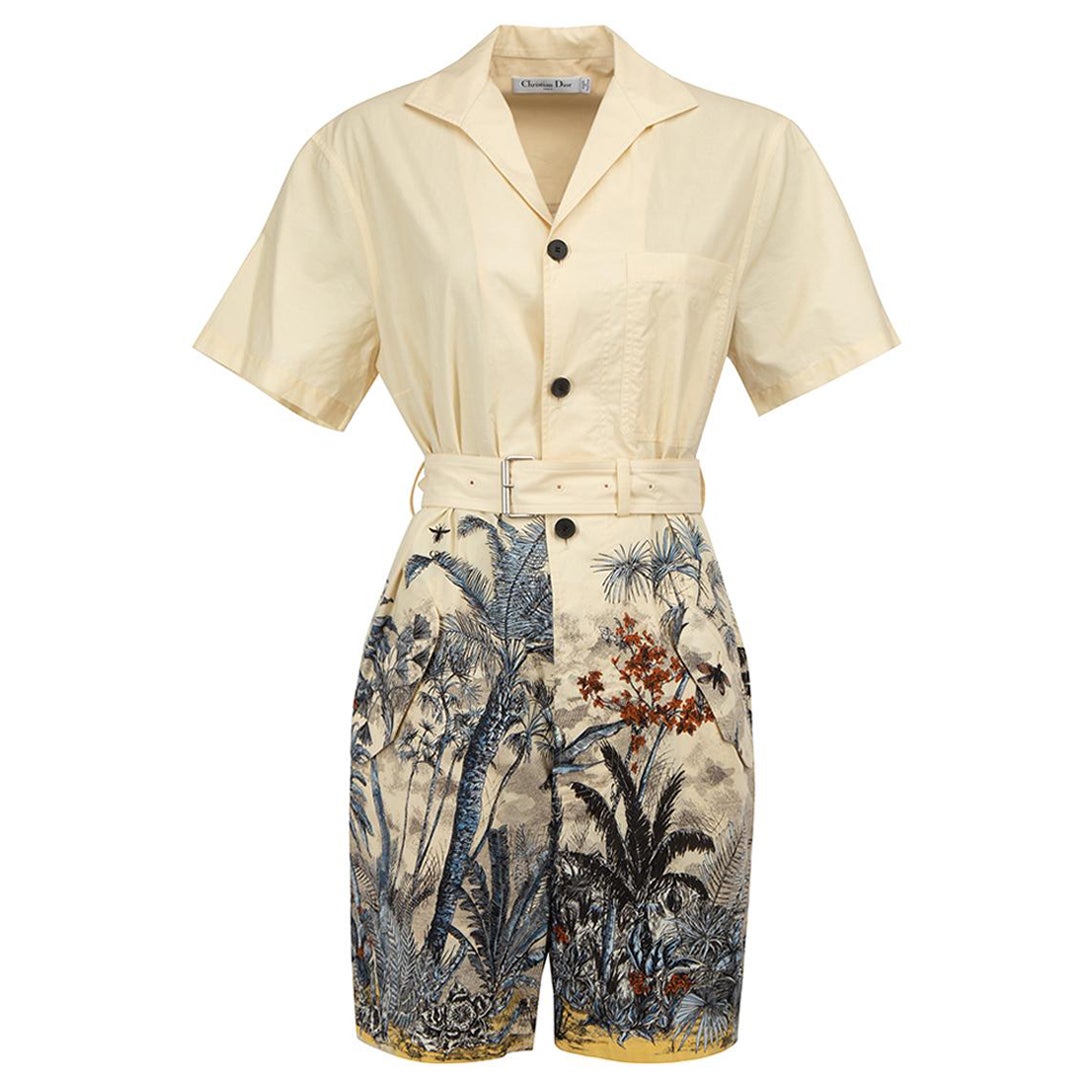 Beige Tropical Print Belted Playsuit Size S For Sale