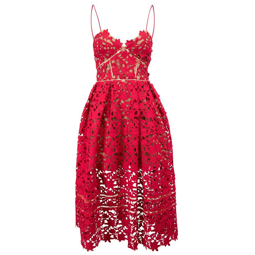 Red Floral Lace Midi Dress Size XS For Sale at 1stDibs