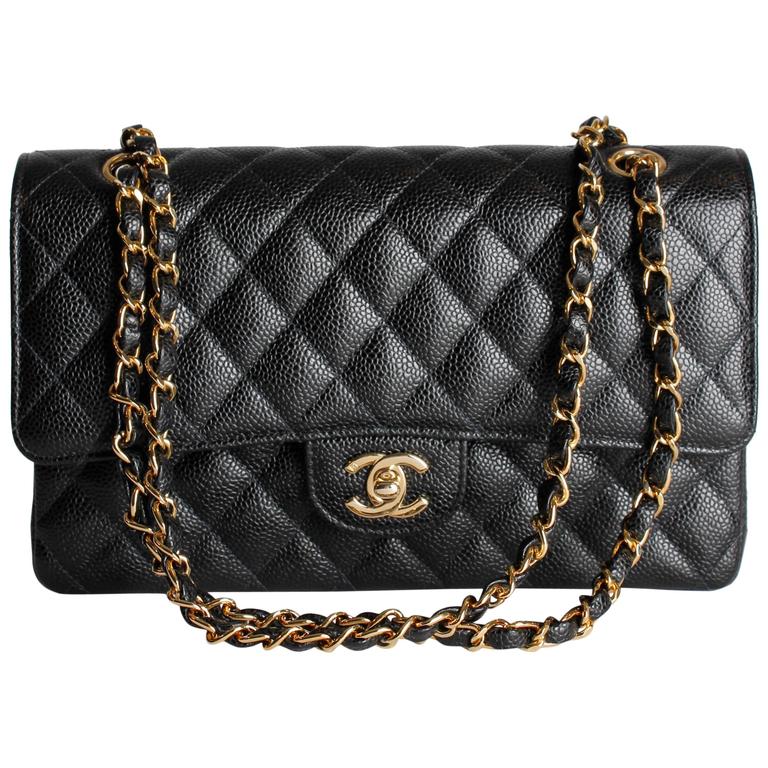 CHANEL Classic Pure Caviar Medium Double Flap Leather Shoulder Bag Bla