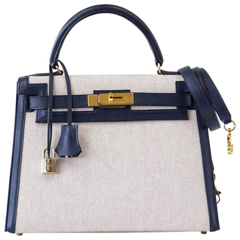 Bleu Marine Box and Toile Canvas Kelly Sellier 28 Gold Hardware