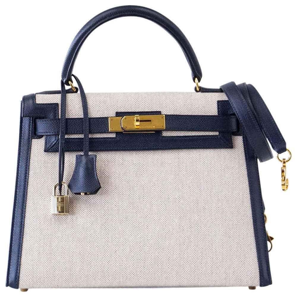 HERMES KELLY 28 Vintage Navy Blue w/ Toile Sellier Gold Hardware 