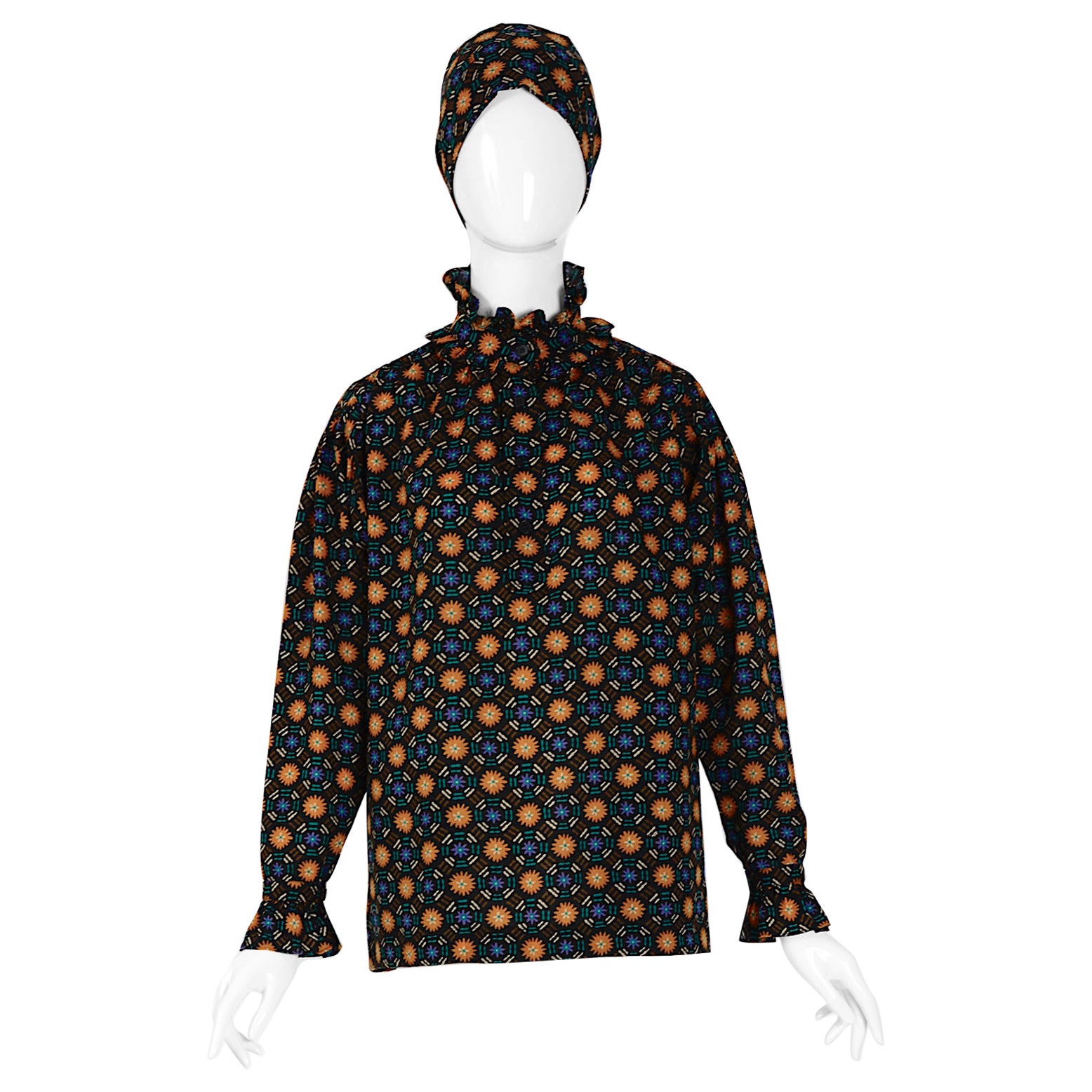 Yves Saint Laurent "rive gauche" flower print 70s vintage blouse & scarf set For Sale