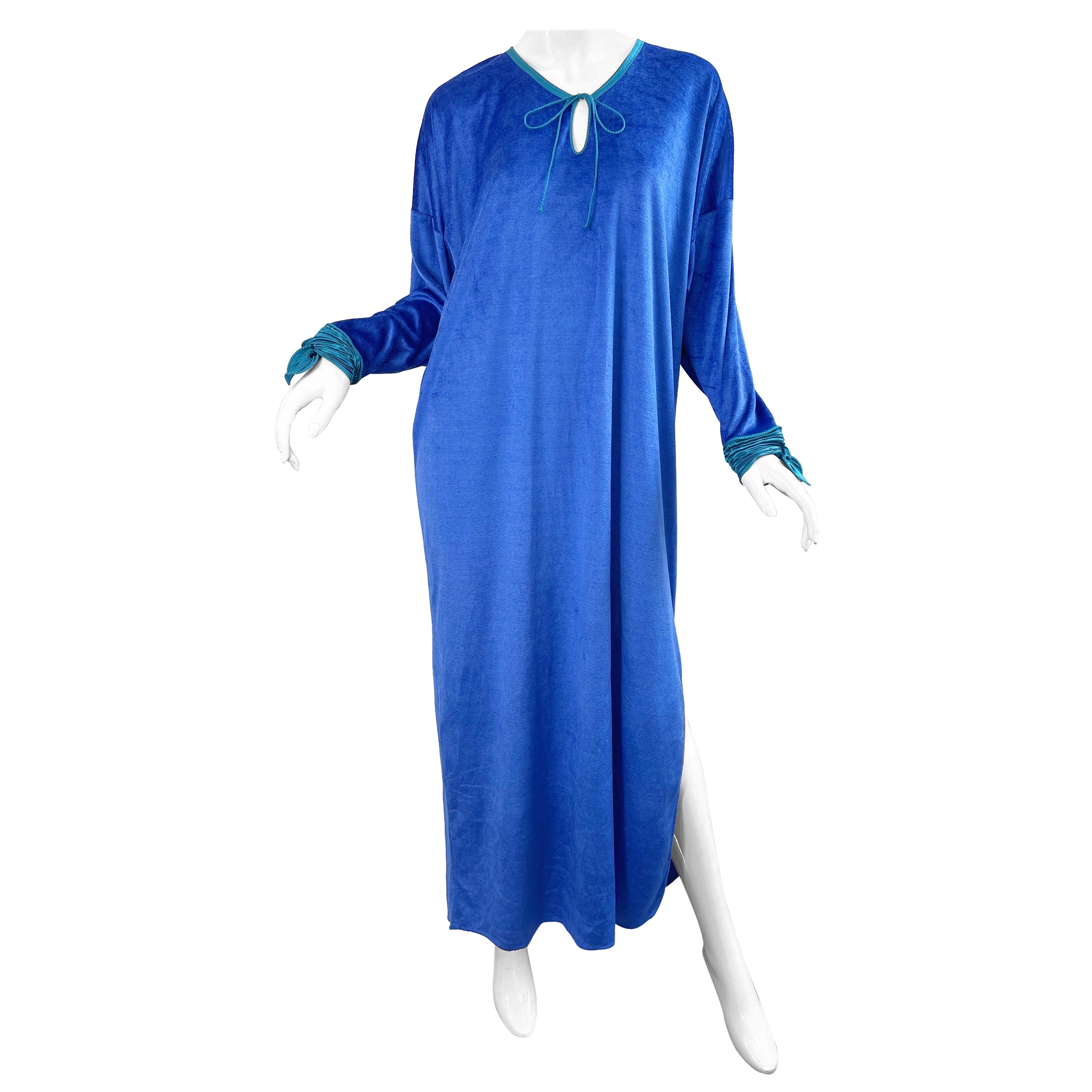 1980s Mary McFadden Royal Blue Teal Velour Vintage 80s Caftan Maxi Dress Kaftan For Sale