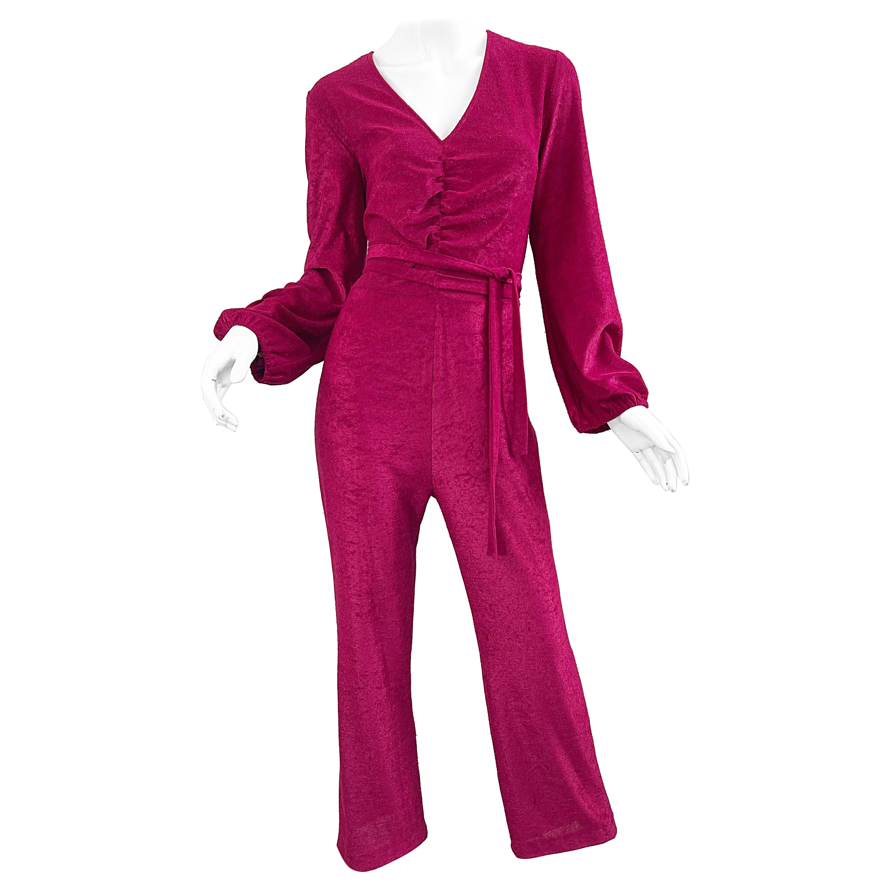 1970s Fredericks of Hollywood Burgundy Terrycloth Velour Vintage 60s Jumpsuit For Sale