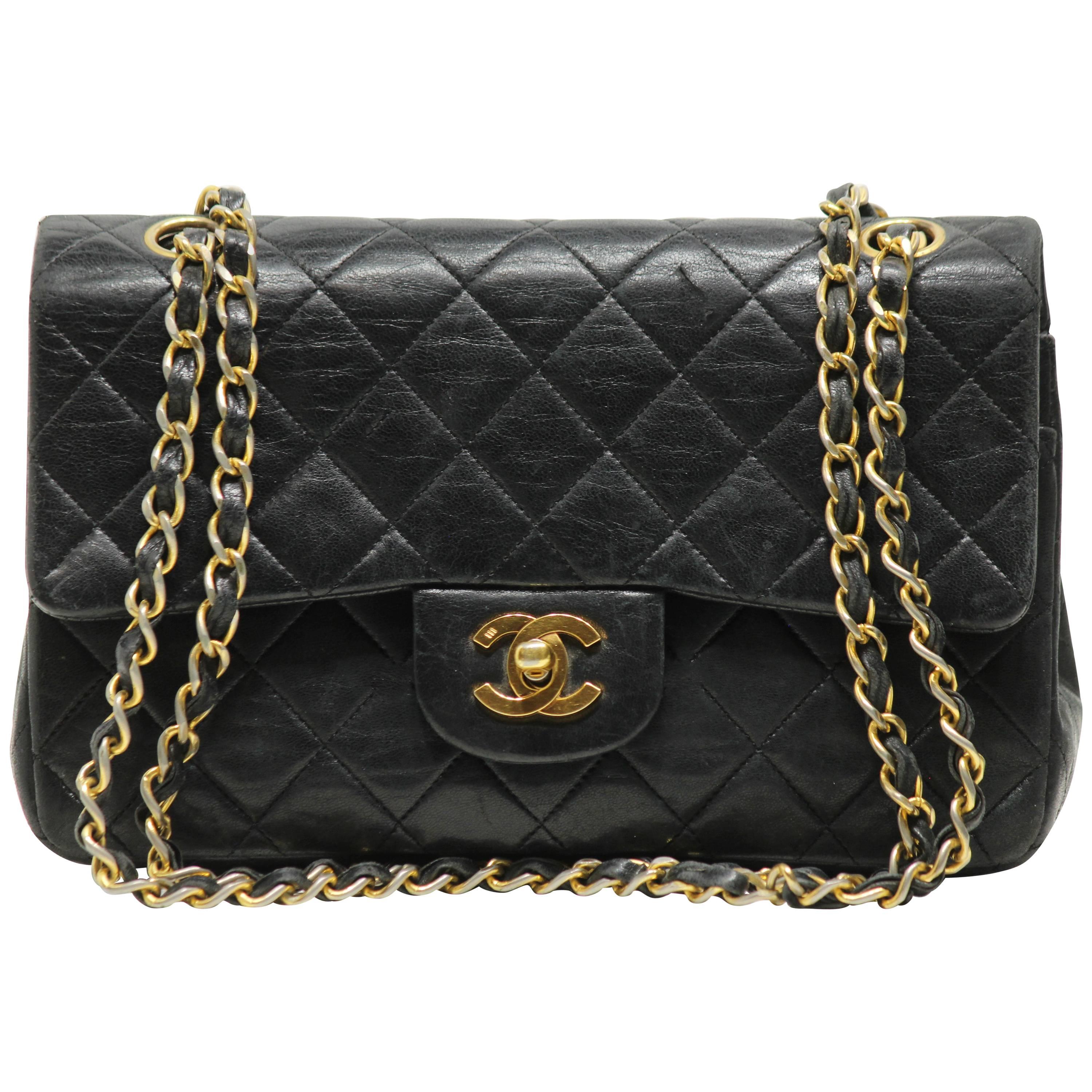 Iconic Chanel Small Flap Bag Black Lambskin Leather Matelasse Vintage 1980s