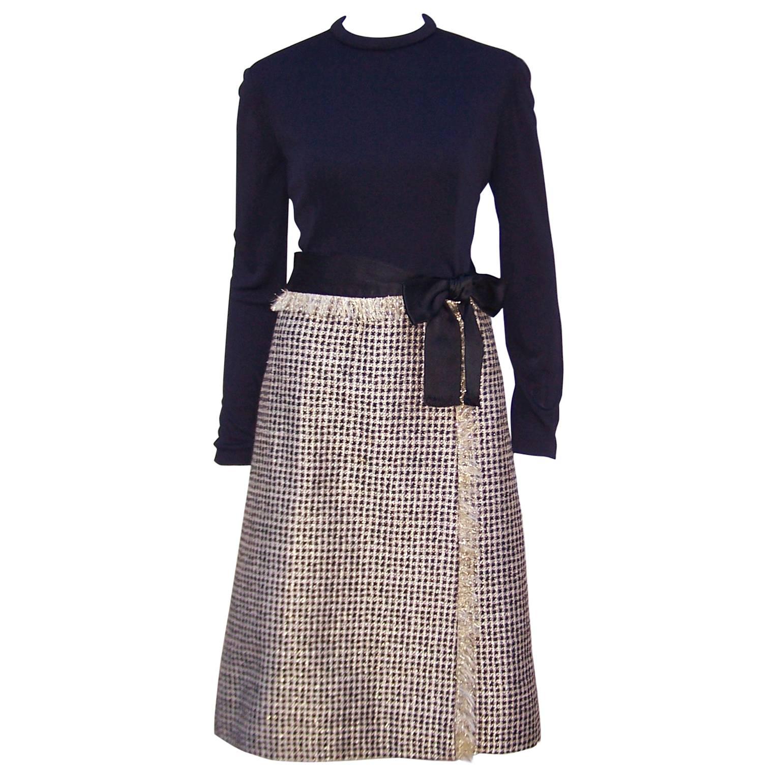 C.1970 Chester Weinberg Glam Gold Houndstooth & Black Jersey Dress