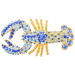 Vintage Lorenz Paris Gold Tone Blue Rhinestone Crystal Lobster Pin Brooch