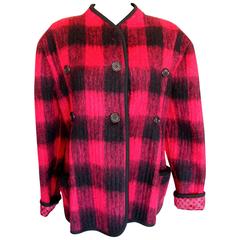 Classic Geoffrey Beene Red Plaid Mohair Wool + Checked Silk Jacket Size 12 