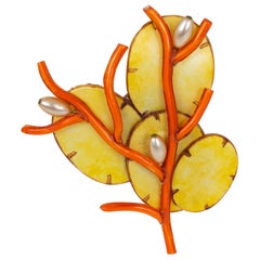 Cilea Paris Floral Resin Pin Brooch Yellow and Orange Lunaria