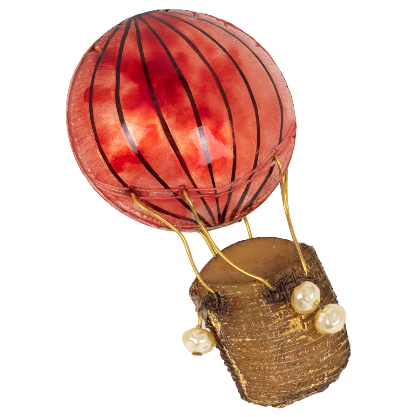 Cilea Paris Resin Pin Brooch Playful Red and Brown Hot Air Balloon For Sale