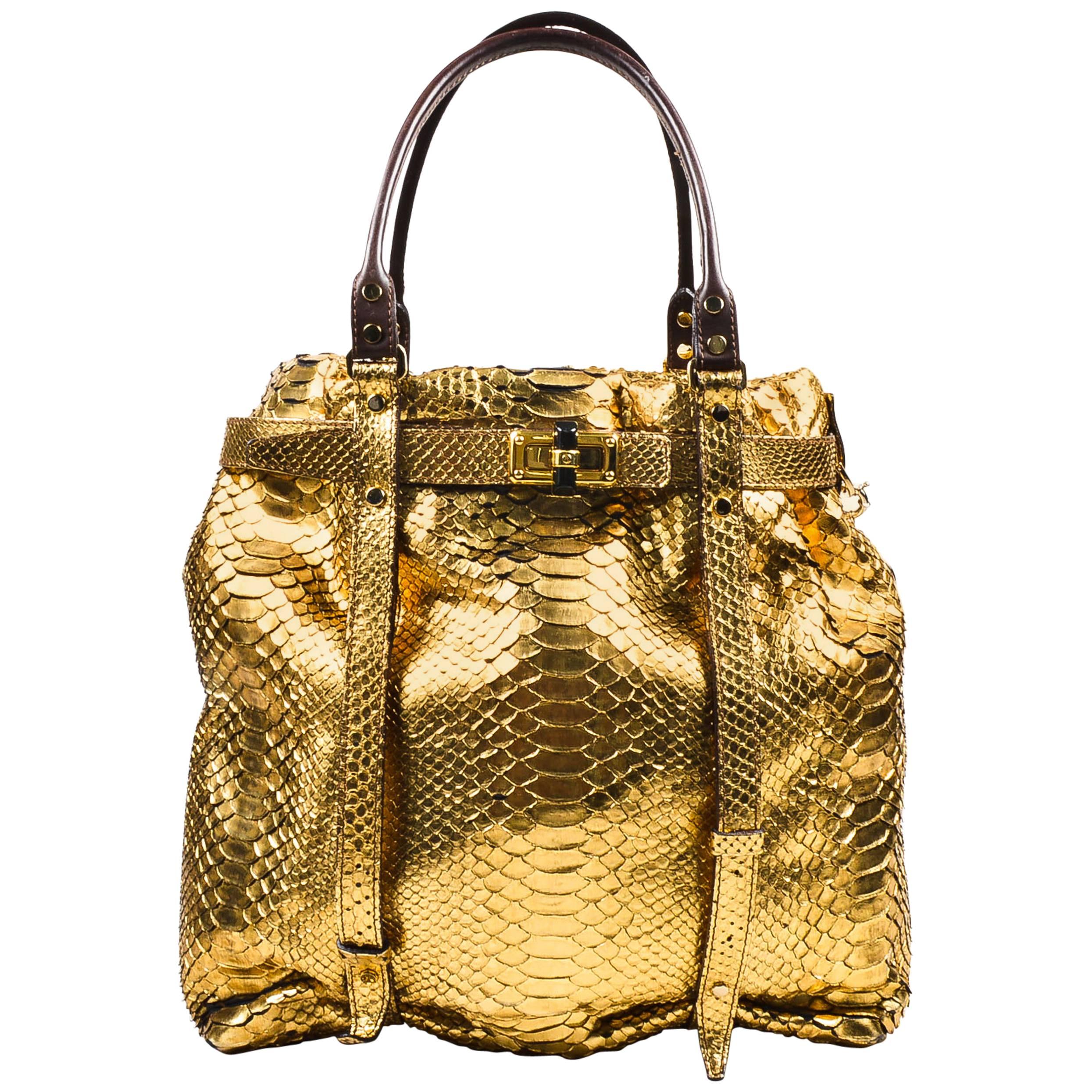 Lanvin New With Tag Metallic Gold Python Leather Trim "Kansas" Tote Bag For Sale