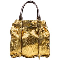 Lanvin New With Tag Metallic Gold Python Leather Trim "Kansas" Tote Bag