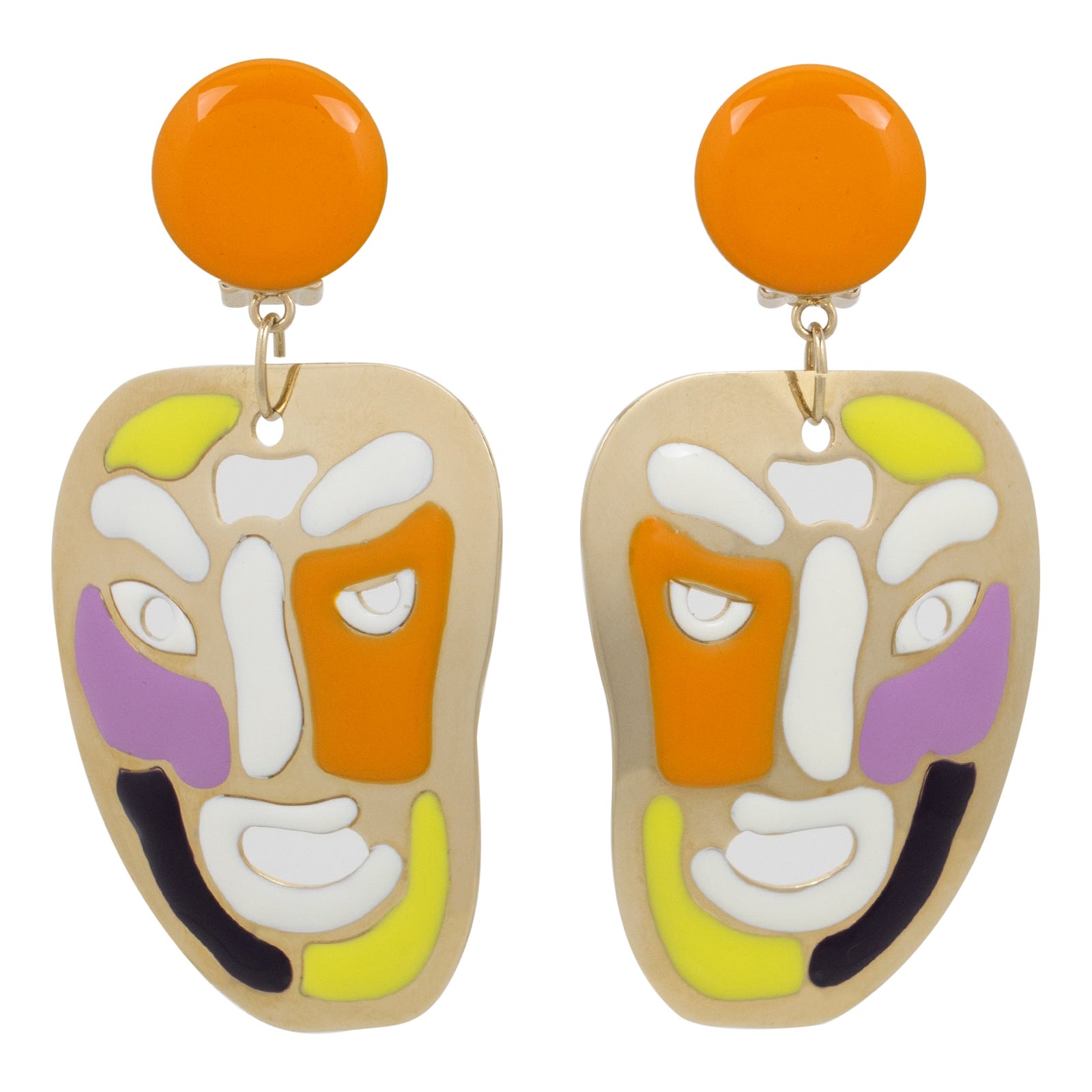Missoni Italy Gilt Metal Clip Earrings with Multicolor Iconic Smiling Face