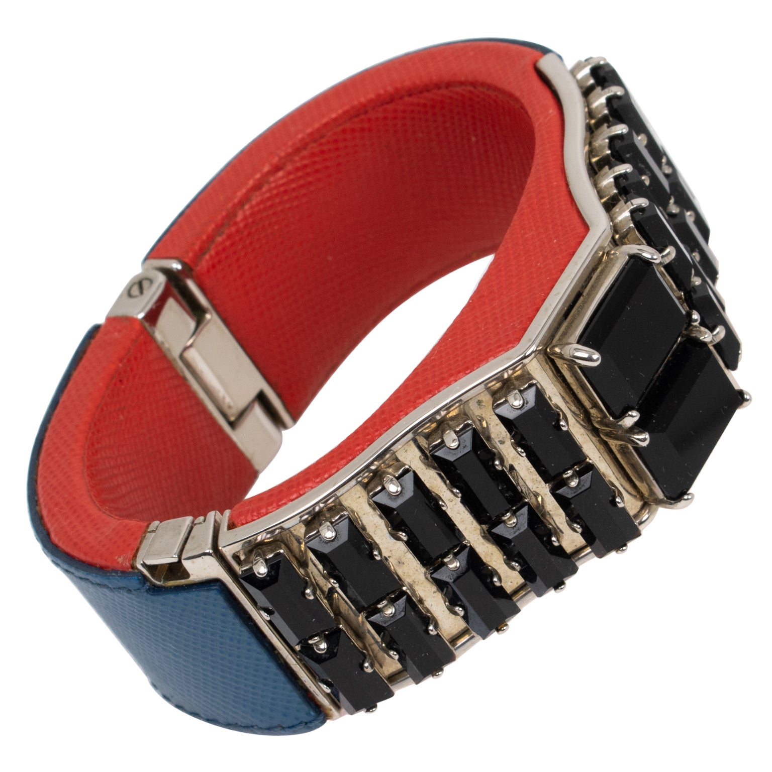 Prada Spring 2014 Red, Blue Saffiano Leather Clamper Bracelet with Black Crystal For Sale