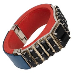 Prada Spring 2014 Red, Blue Saffiano Leather Clamper Bracelet with Black Crystal