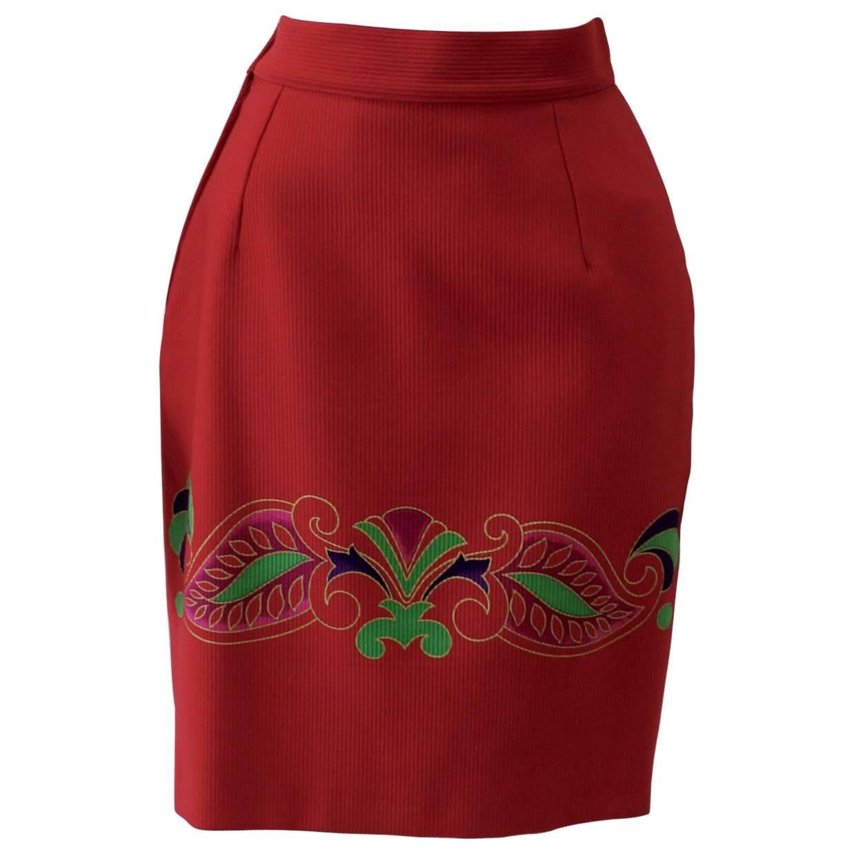 Gianni Versace Red Batik Ruffled Skirt 1990s For Sale