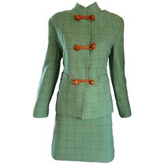 Vintage Isaac Mizrahi Green and Brown Wool + Leather Asian Inspired Skirt Suit 1