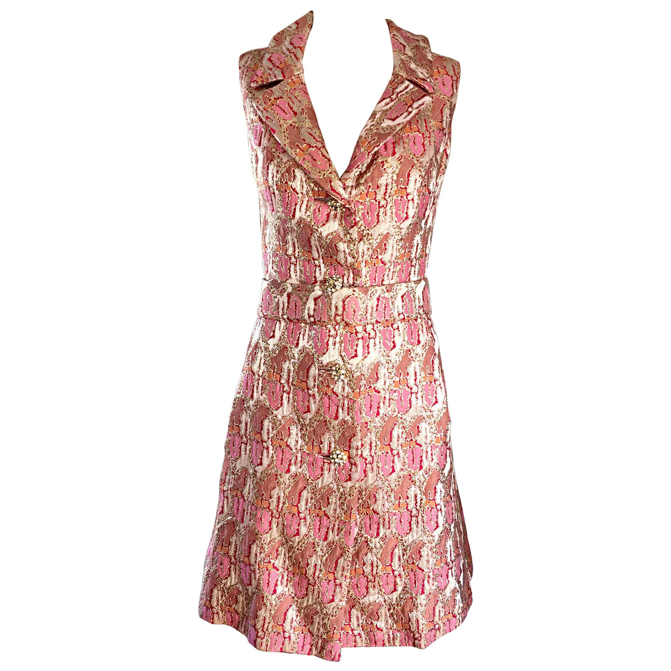 Lillie Rubin 1960s Silk Brocade Pink Gold Silver Rhinestone Belted Vintage Dress