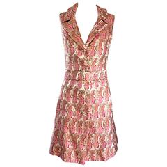 Lillie Rubin 1960s Silk Brocade Pink Gold Silver Rhinestone Belted Vintage Dress 10
