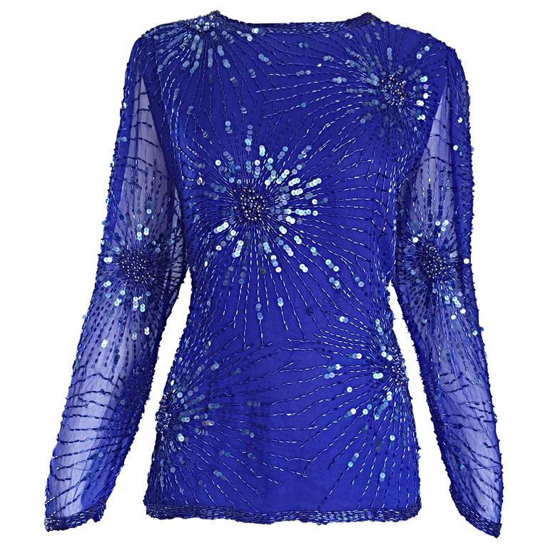 Beautiful Vintage Oleg Cassini Royal Blue Silk Chiffon Sequin Beaded Blouse Top at 1stDibs