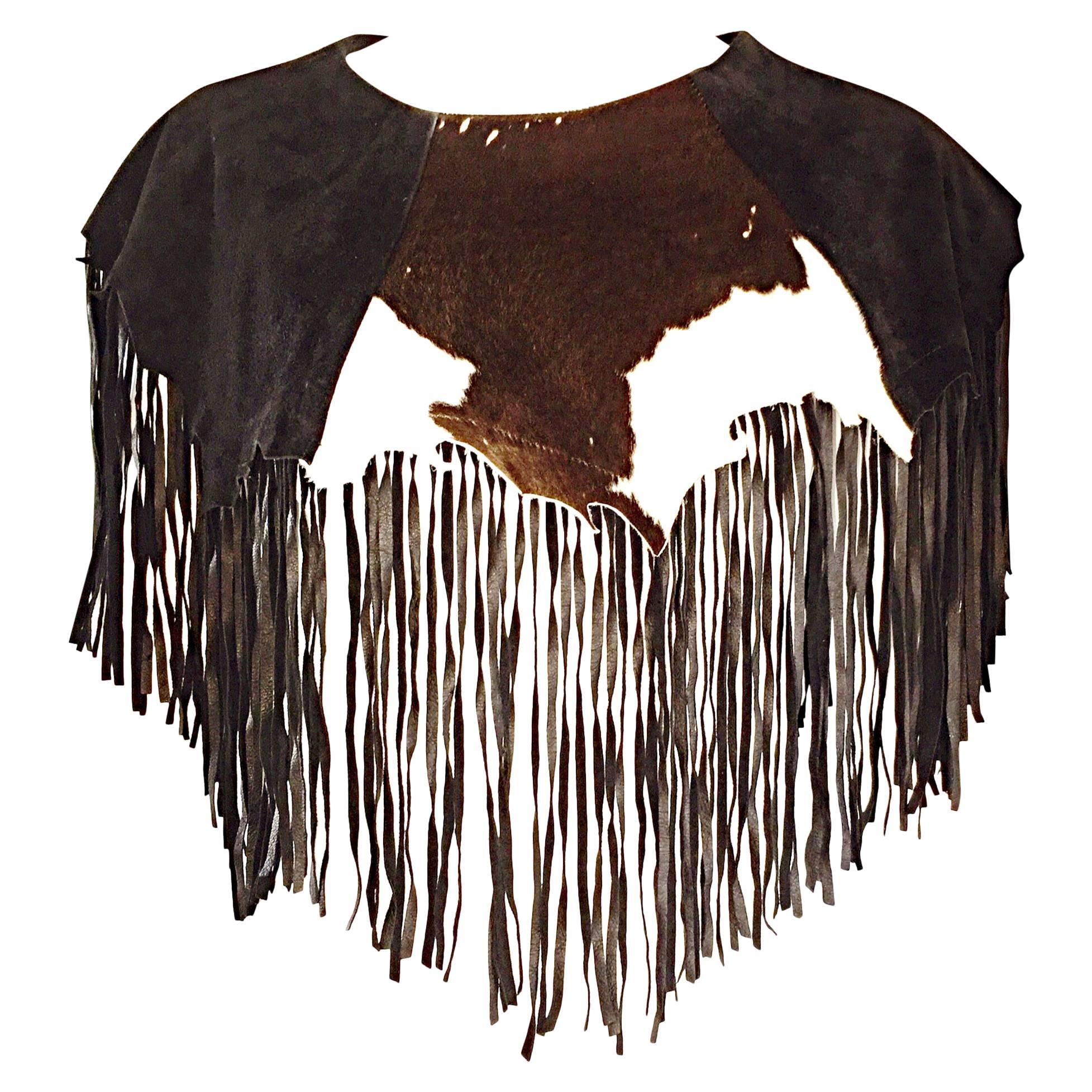 Amazing Vintage Ricky Nell Cow Hide Leather + Suede Fringed Boho Bib Collar 
