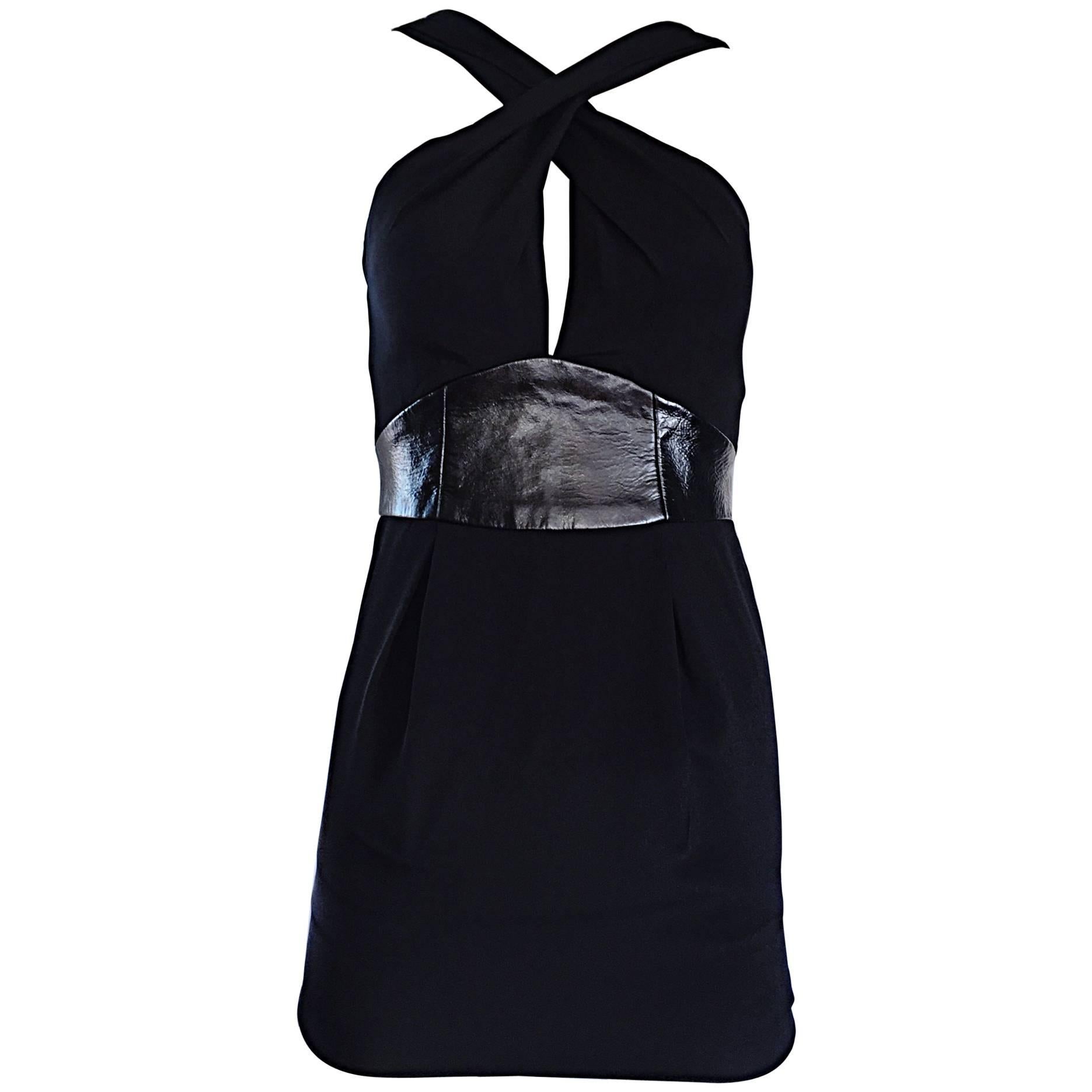 2000s Badgley Mischka Size 0 Black Jersey + Leather Sexy Cut Out Mini Dress